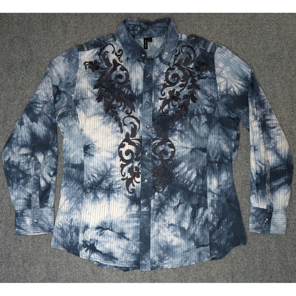 Smash Men's Shirt Large Navy Blue Pearl Snaps Embroidered Tie-Dye Long‎ Sleeve